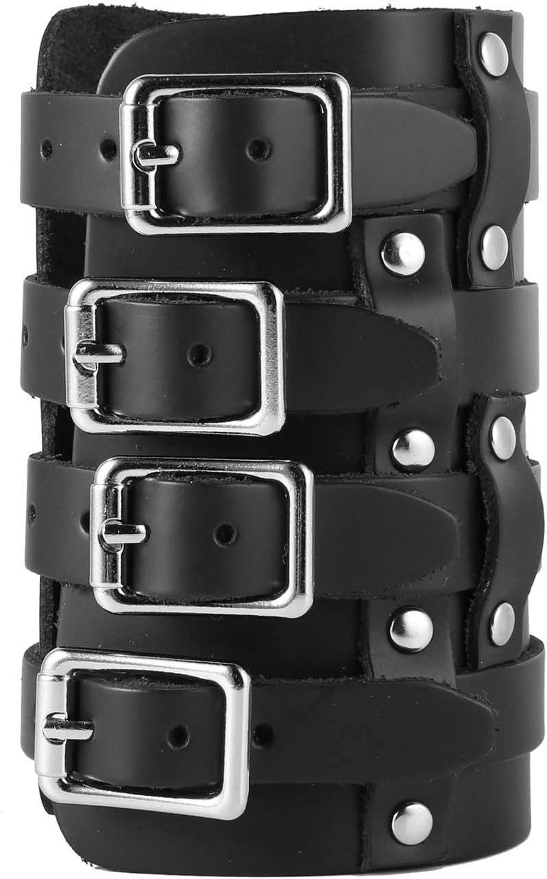 HZMAN Mens Leather Wide Triple Strap Cuff Wrap Gauntlet Wristband Buckle Fastening Arm Armor Cuff 4 Rows - Image 5