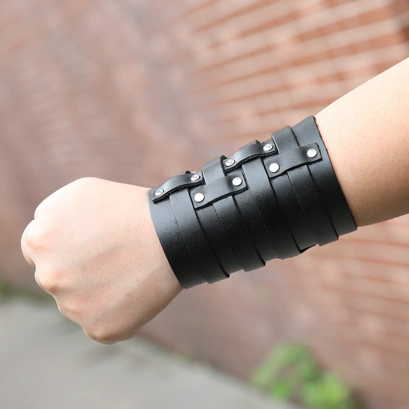HZMAN Mens Leather Wide Triple Strap Cuff Wrap Gauntlet Wristband Buckle Fastening Arm Armor Cuff 4 Rows - Image 3