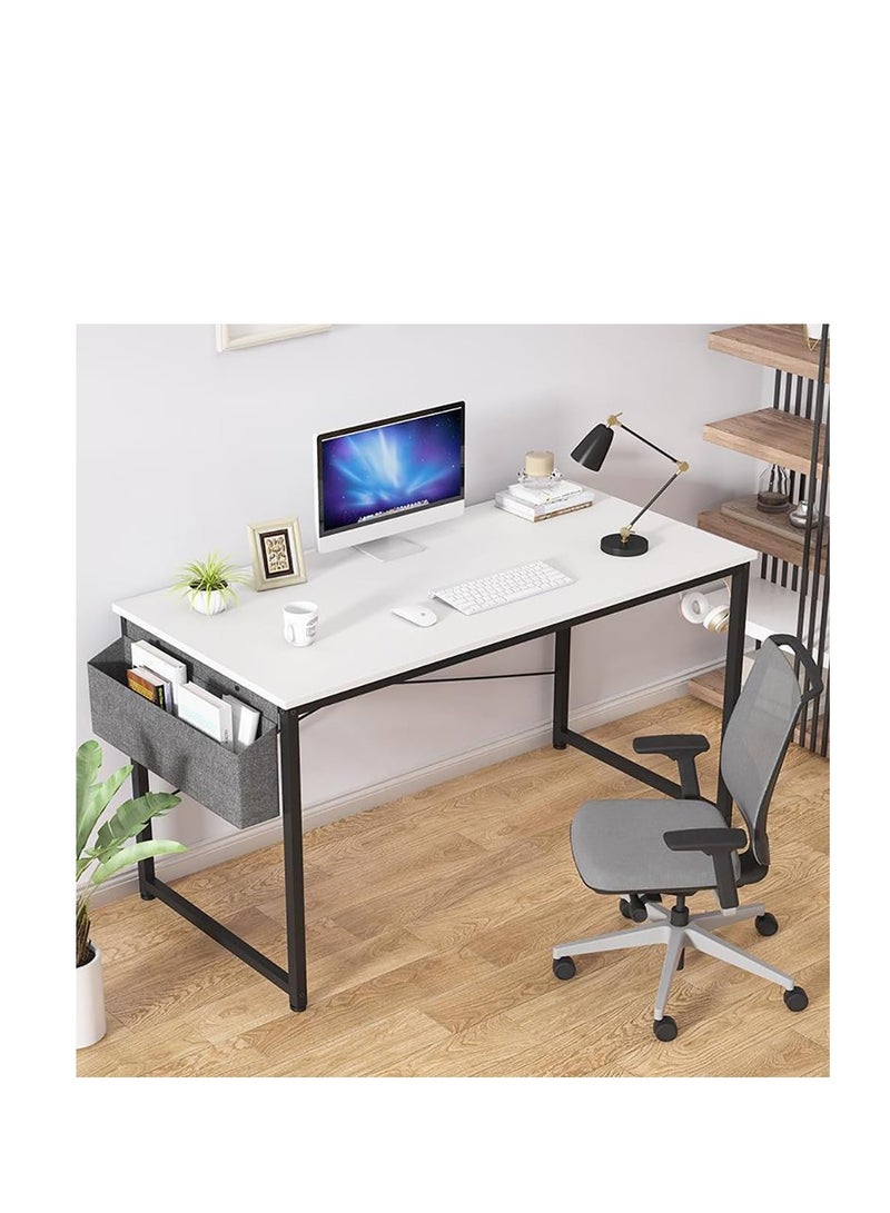 CityRiya-Long Modern Computer Desk Sturdy Office Desk Simple Writing Desk Study Table with Storage Bag and Hook for Home Office Bedroom Living Room PC Laptop Notebook Table (120 * 60cm, White) - Image 1