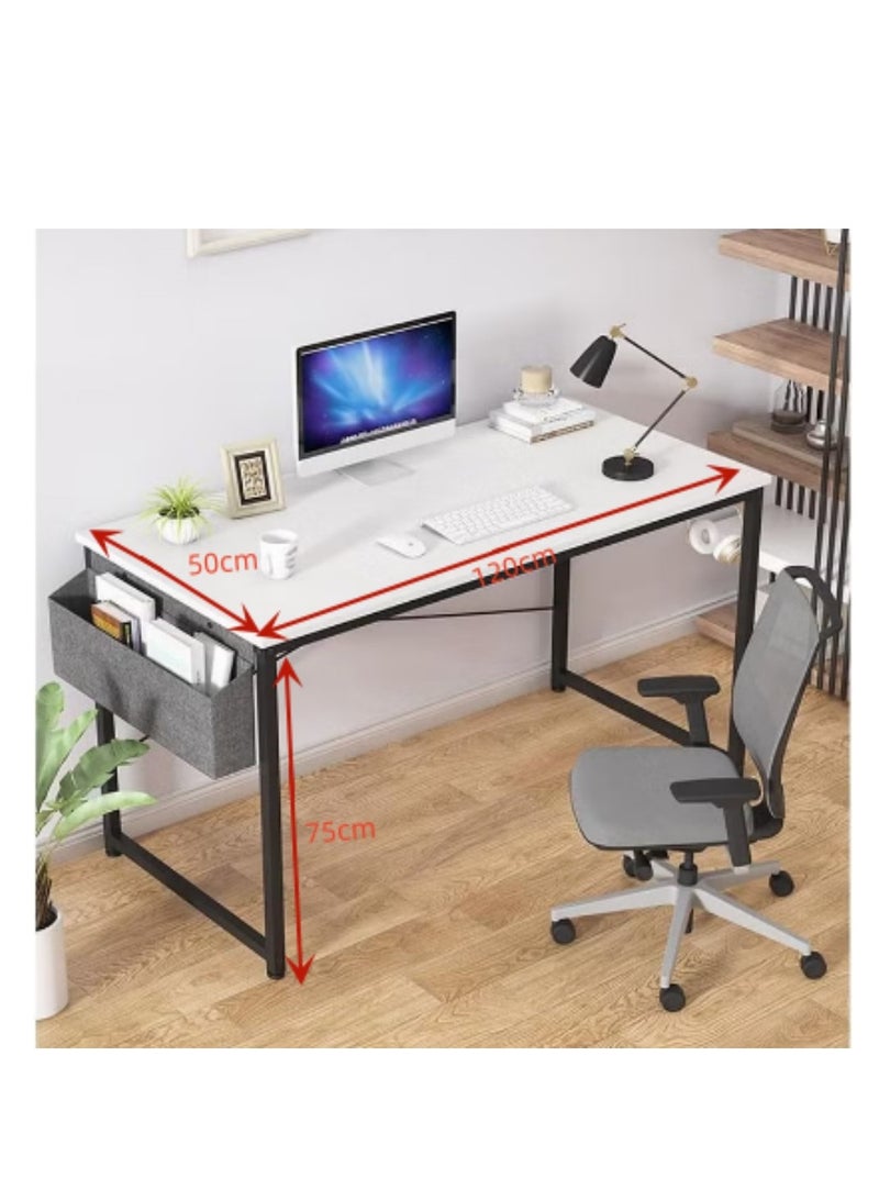 CityRiya-Long Modern Computer Desk Sturdy Office Desk Simple Writing Desk Study Table with Storage Bag and Hook for Home Office Bedroom Living Room PC Laptop Notebook Table (120 * 60cm, White) - Image 2