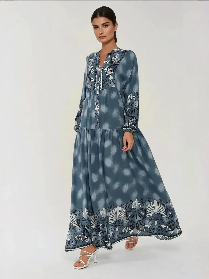 زوبعة فستان ماكسي طويل الأكمام من الفيسكوز مطبوع