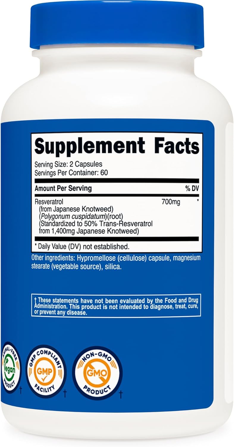 Nutricost نوتريكوست ريسفيراترول 700 ملغ 120 كبسولة نباتية خالية من الغلوتين وغير معدلة وراثيًا - Image 5