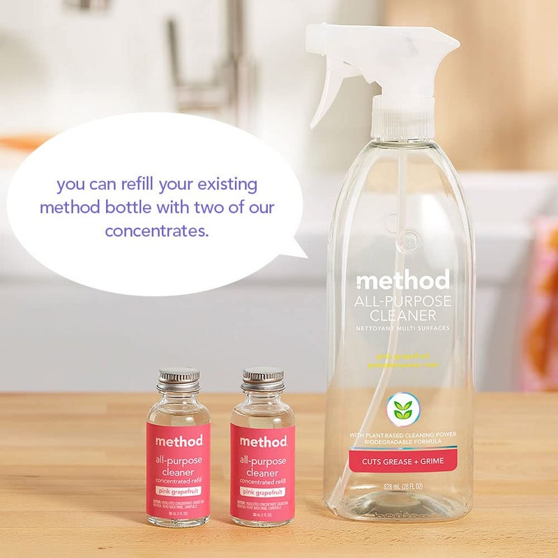 Method All-Purpose Cleaner Concentrates Starter Kit, Pink Grapefruit, 1 Reusable 14 fl oz Bottle and 2 Recyclable 1 fl oz Refills - Image 5