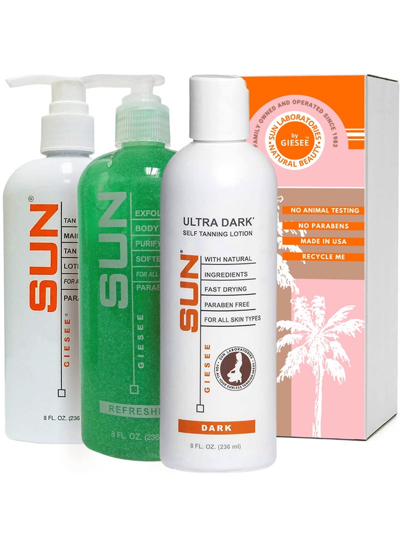Sun Laboratories by Giesee - Self-Tanning Lotion (Dark), Tan Maintainer, and Exfoliant for Golden Soft Skin - 3 8 oz. Bottles - Image 1