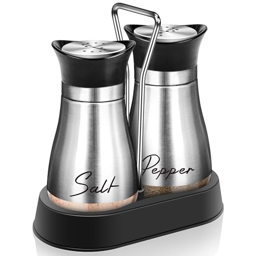Arrozon Salt and Pepper Shakers Set with Holder4 oz Stainless Steel Salt Shaker with Glass Bottom Kitchen Gadgets for Counter Modern Decor TableRVCampBBQ Refillable Design Silver - Image 1