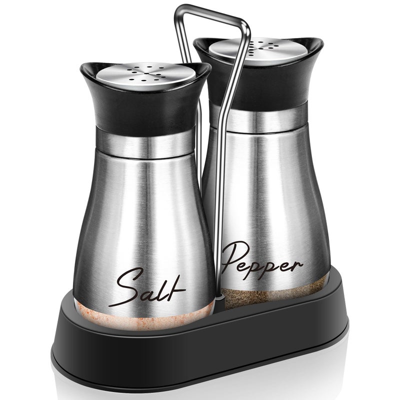 Arrozon Salt and Pepper Shakers Set with Holder4 oz Stainless Steel Salt Shaker with Glass Bottom Kitchen Gadgets for Counter Modern Decor TableRVCampBBQ Refillable Design Silver - Image 2