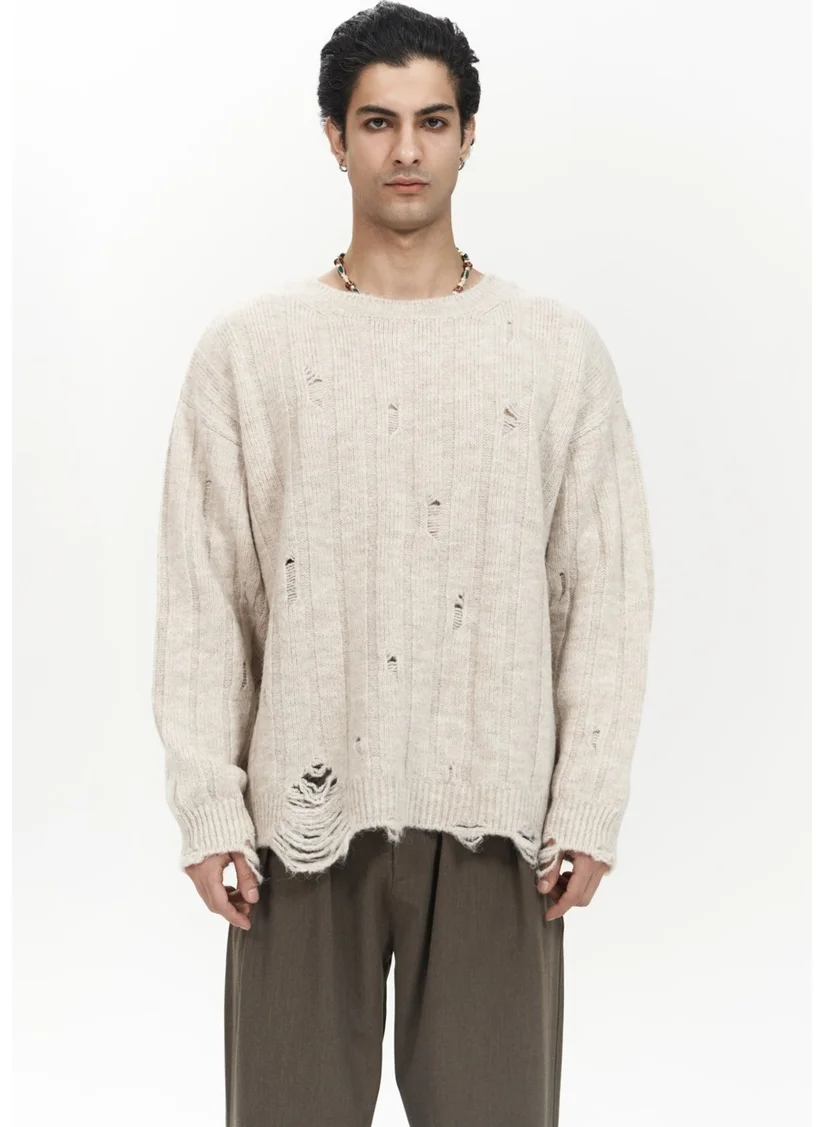 Mai Collection Vincent Torn Detail Beige Men's Knitwear Sweater