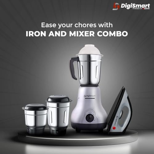 DigiSmart Kitchen Mate 750W Mixer Grinder with 3 Stainless Steel Jars & 1150W Dry Iron Combo,Wet & Dry Grinding, Teflon Soleplate Iron, 2 Years Warranty, Grey Black - Image 5