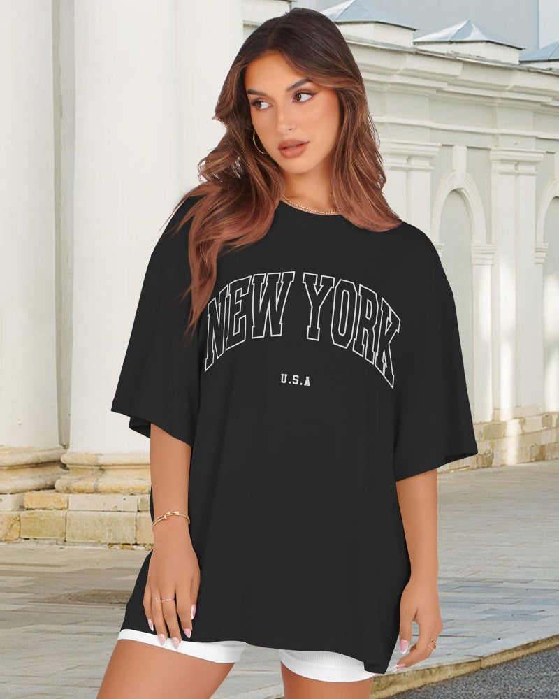 rosemia Oversized Tshirts for Women Summer Short Sleeve Round Neck Graphic Tee Shirt, Black New York, 3XL - Image 5