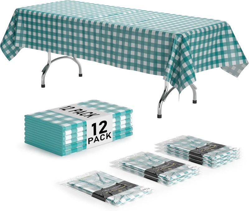 Exquisite Picnic Table Cover - 12 Pack Premium Rectangle Plastic Tablecloth - Teal & White Checkered BBQ Table Cover - Gingham Checkerboard Disposable Plastic Tablecloth 54" x 108" Rectangle - Image 1