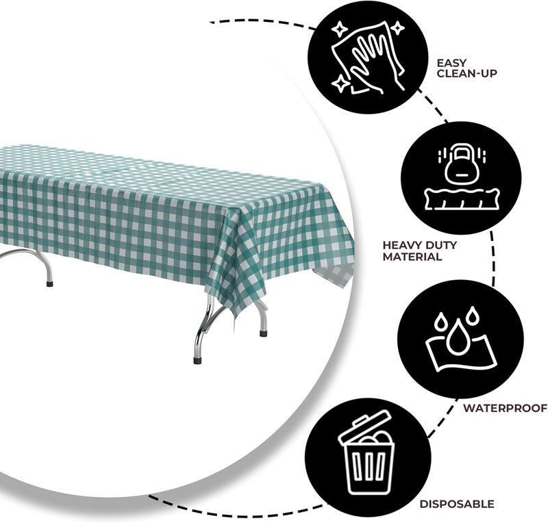 Exquisite Picnic Table Cover - 12 Pack Premium Rectangle Plastic Tablecloth - Teal & White Checkered BBQ Table Cover - Gingham Checkerboard Disposable Plastic Tablecloth 54" x 108" Rectangle - Image 4