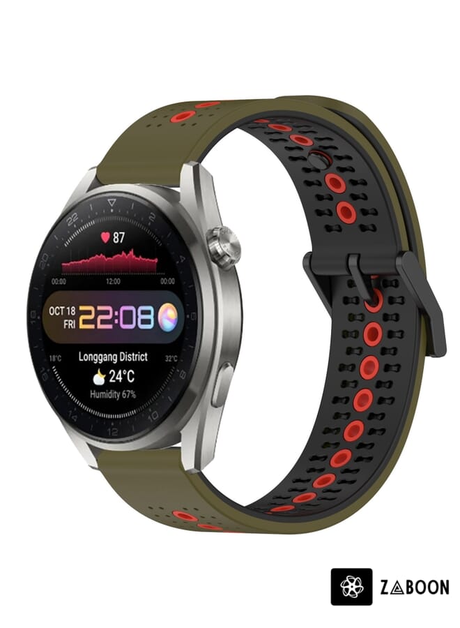 Zaboon Watch Band For Huawei Watch 3 Pro New 22mm Tricolor Breathable Silicone (Army Green+Red) - Image 1