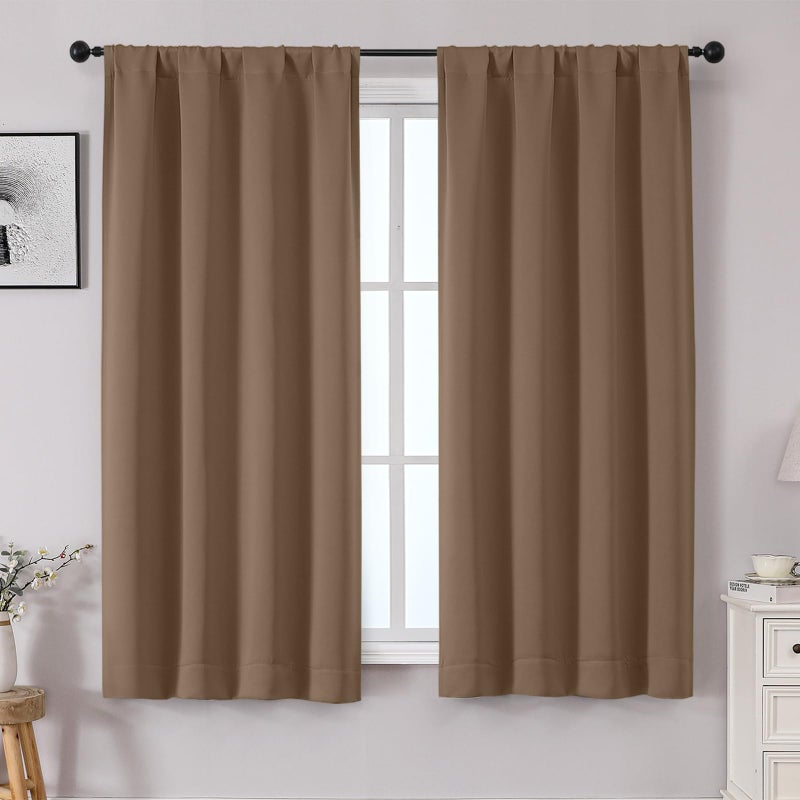 OWENIE Sally Brown Blackout Curtains for Bedroom 63 Inch Length 2 Panels Set, Solid Thermal Insulated Energy Saving Rod Pocket Window Treatment Drapes, W40 x L63 Inch, Brown - Image 1