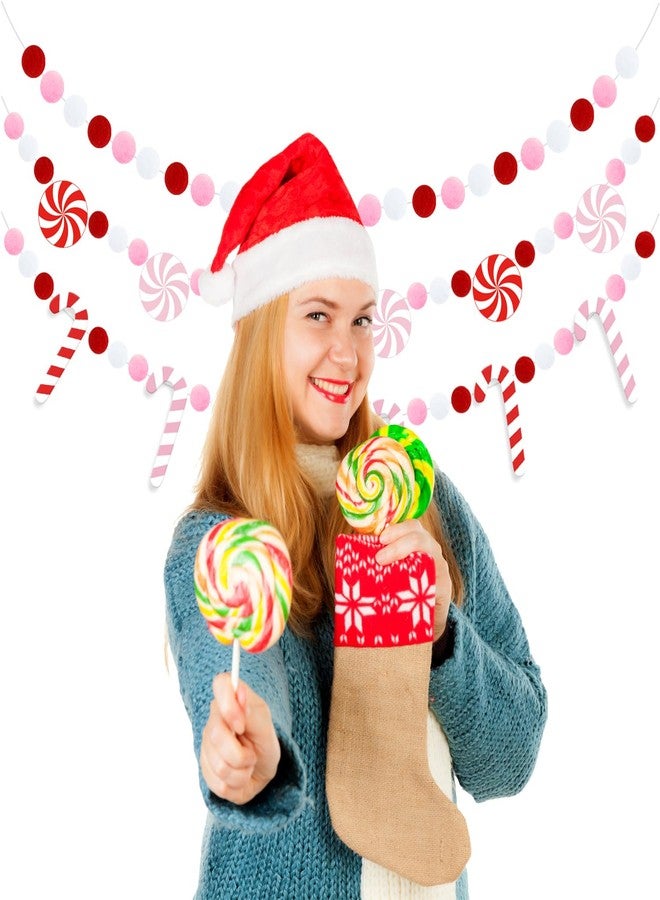 Doumeny 3Pcs Christmas Felt Ball Garland Candy Cane Felt Bunting Banner Candy Peppermint Pompom Bunting Garland Xmas Pink White Party Banner Winter Hanging Banner for Home Christmas Tree Wall Decor - Image 3