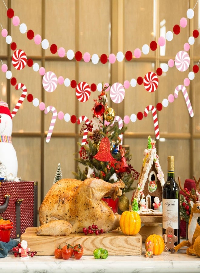 Doumeny 3Pcs Christmas Felt Ball Garland Candy Cane Felt Bunting Banner Candy Peppermint Pompom Bunting Garland Xmas Pink White Party Banner Winter Hanging Banner for Home Christmas Tree Wall Decor - Image 4