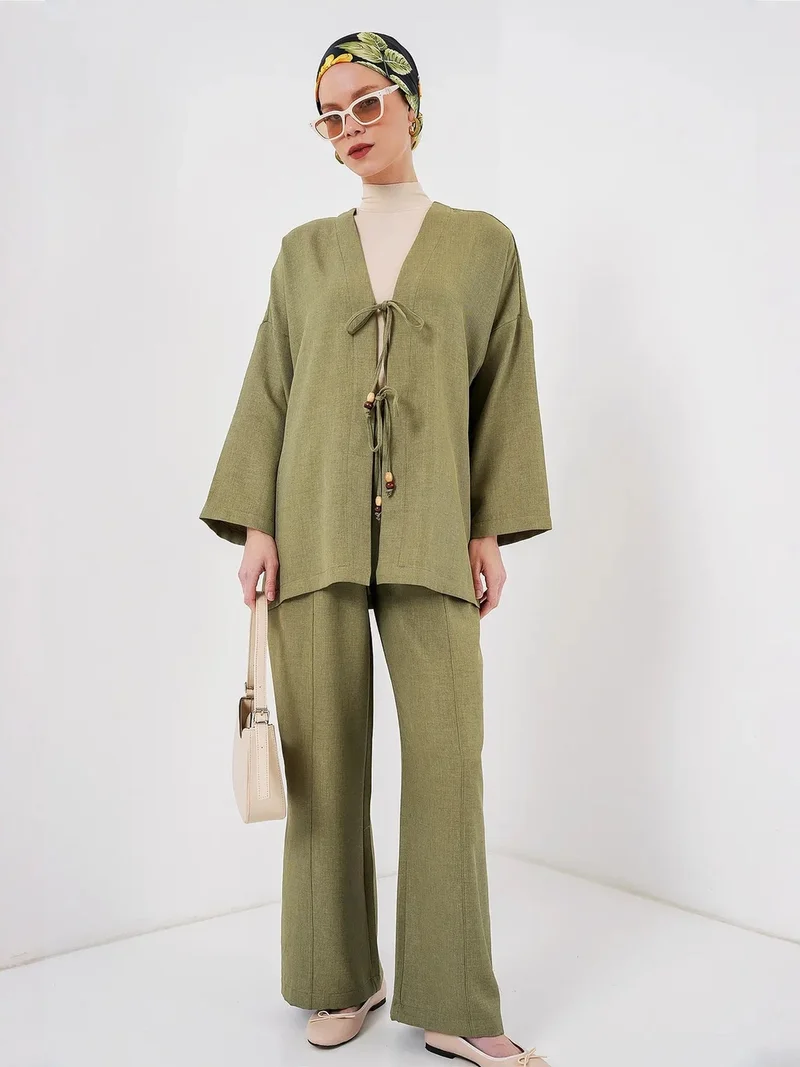 BIG DART BDART Linen Blend Binding Detailed Cardigan and Rib Detail Wide Leg Pants Set