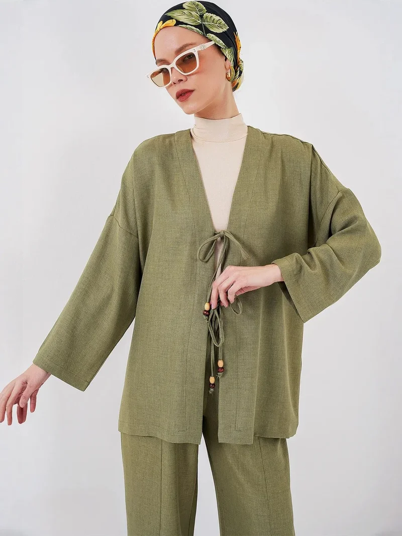 BIG DART BDART Linen Blend Binding Detailed Cardigan and Rib Detail Wide Leg Pants Set