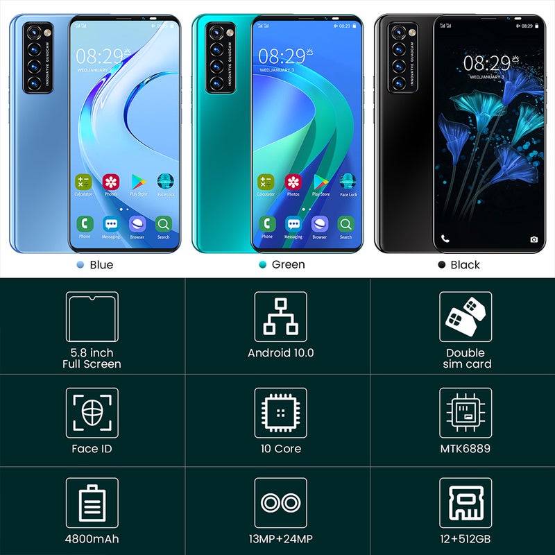 Generic (Unbranded) 5.8 Inch Rino4 Pro Smart Phone Facial Recognition HD MTK6580 Quad Core 512MB RAM 4GB ROM 4800Mah Android 10.0 Black EU Plug - Image 2