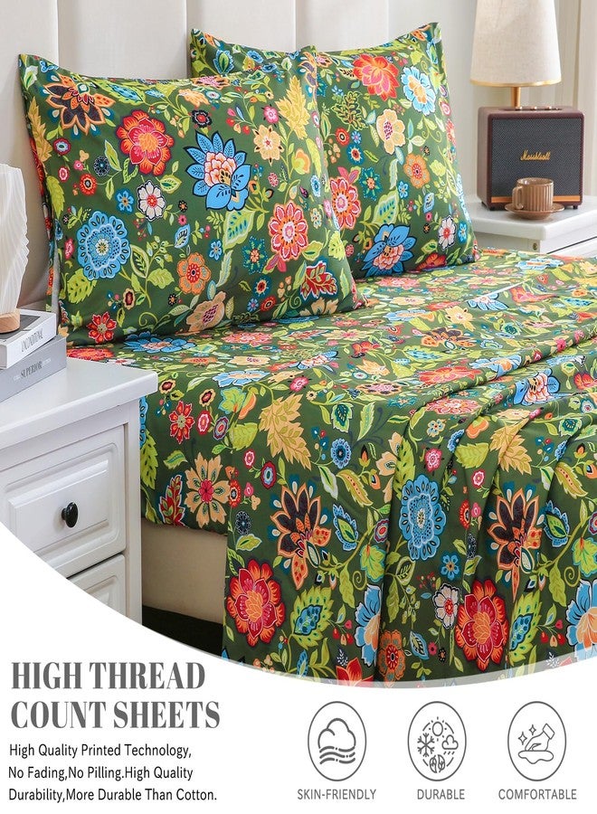 Bedlifes California King Sheet Set Ultra Soft, Breathable, Silky Flower Deep Pocket 100% Microfiber Bedding, 4 Piece Cal King Size with Floral Dark Green - Image 3