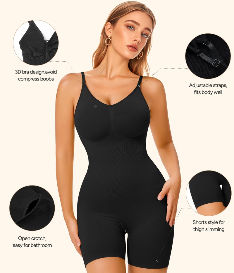 Irisnaya Women Slimming Bodysuits Shapewear Tops Tummy Control Body Shaper Spaghetti Strap Camisole Leotards Bodycon Jumpsuit (Black Mid Thigh, Medium/Large) - Image 3