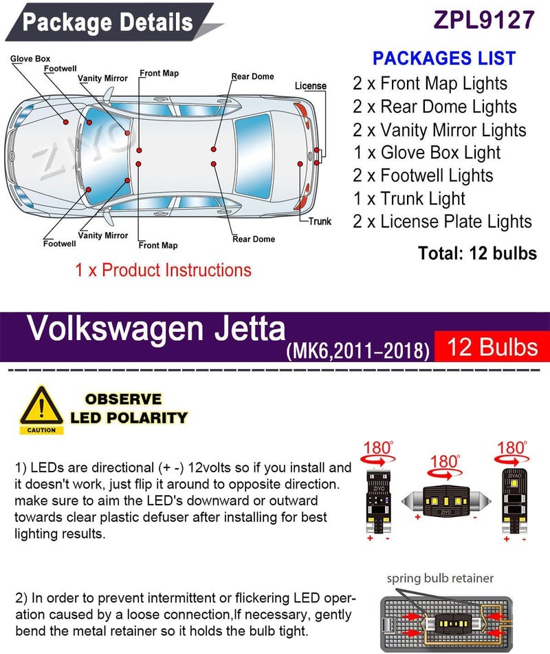 ZIYOLIGHT LED Interior Light Kit for Volkswagen Jetta MK6 (2010-2017) - 12 Bulbs, 6000K Xenon White - Image 2