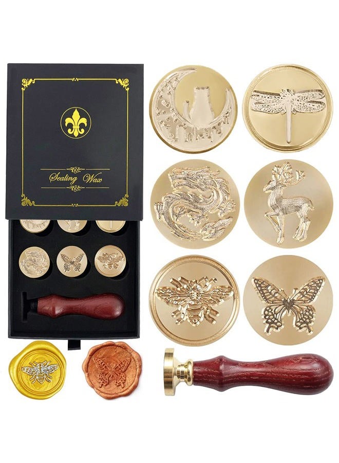 KKSUBCA Wax Seal Stamp Hot Stamping Gift Box Set, 6 Pcs Sealing Wax Stamps Copper Seals 1 Wooden Hilt, Wax Stamp Kit for Cards Envelopes, Gift Packagin (Animal Insect Series) - Image 1