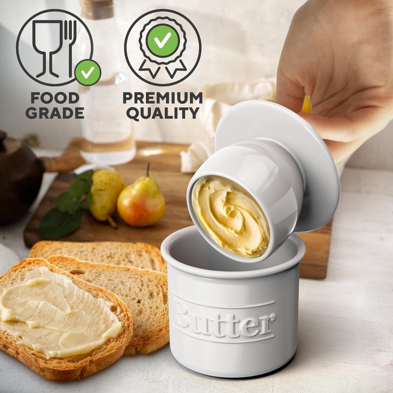 Benicci Premium Butter Crock with Lid - Original Design French Butter Dish - Beautiful Ceramic Butter Keeper for Counter with Water Line - Perfect to Keep Butter Soft and Spreadable - White - Image 2