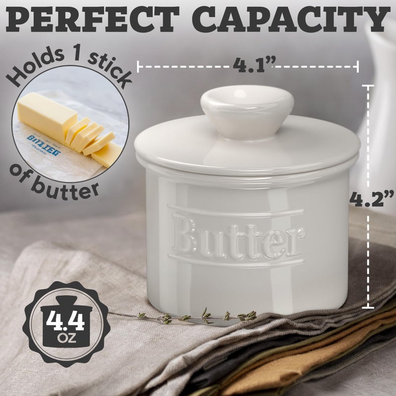 Benicci Premium Butter Crock with Lid - Original Design French Butter Dish - Beautiful Ceramic Butter Keeper for Counter with Water Line - Perfect to Keep Butter Soft and Spreadable - White - Image 3