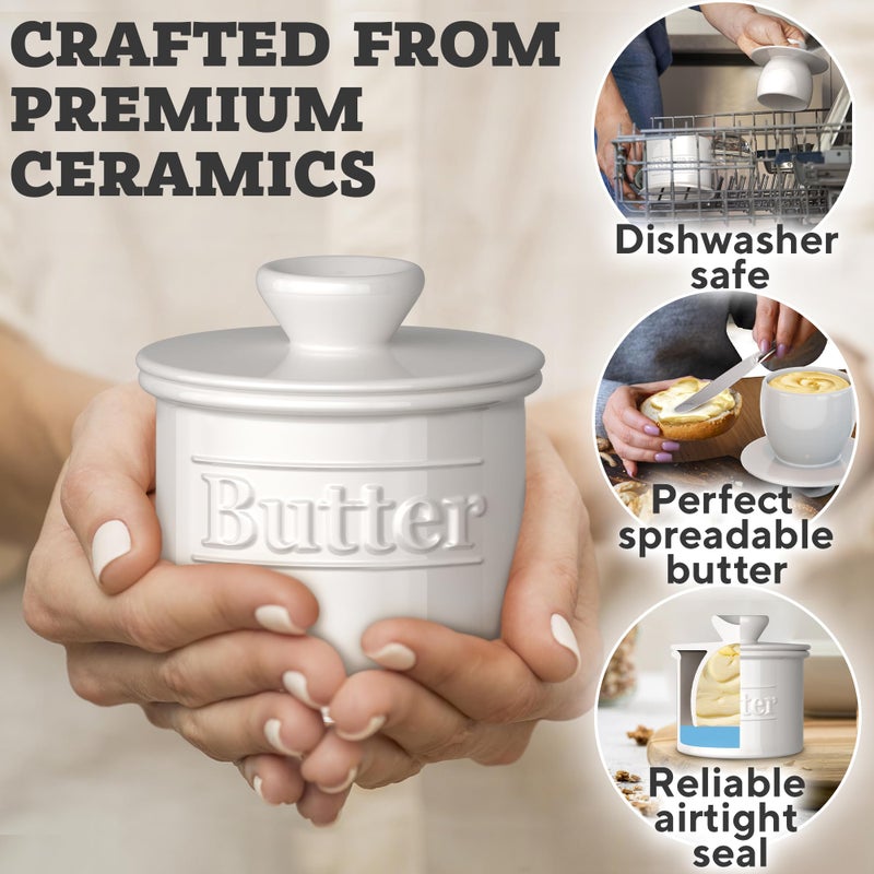 Benicci Premium Butter Crock with Lid - Original Design French Butter Dish - Beautiful Ceramic Butter Keeper for Counter with Water Line - Perfect to Keep Butter Soft and Spreadable - White - Image 5