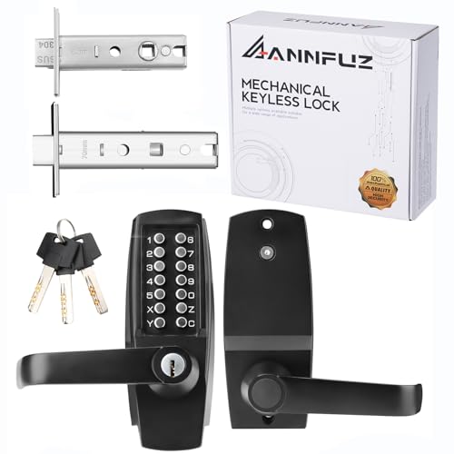 ANNFUZ Mechanical Entry Keypad Door Handle Lock with KeyAutoLocking Push Button Code Door Knob LockSingle Sided Combination Interior Holdopen Leverfor Front GateGarageOfficeMatte Black - Image 1