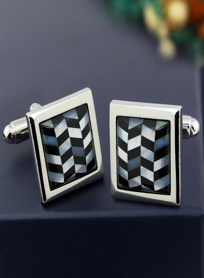 Peluche Natural Mother of Pearl Stone (Semi-precious) & Black Onyx Stone Cufflinks for Men - Image 2