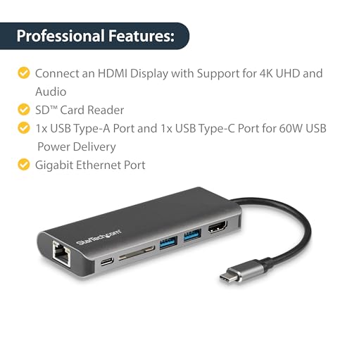 StarTech.com USB C Multiport Adapter, Portable USB-C Dock to 4K HDMI, 2-pt USB 3.0 Hub, SD/SDHC, GbE, 60W PD Pass-Through - USB Type-C/Thunderbolt 3 - REPLACED BY DKT30CSDHPD3 (DKT30CSDHPD) - Image 5