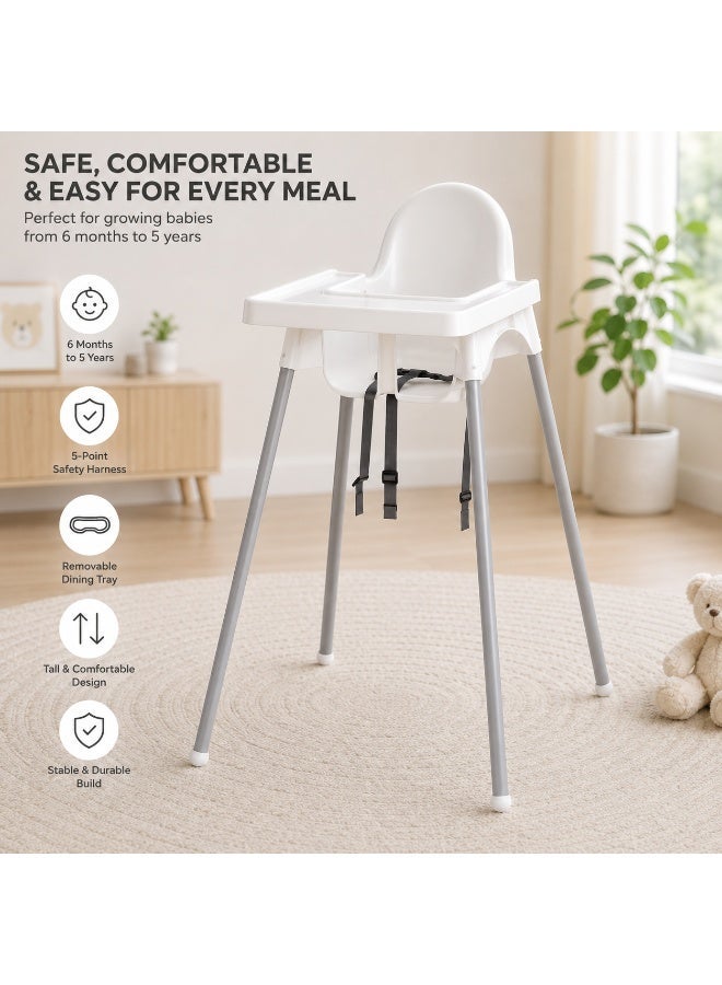 Multifunctional Portable Adjustable Feeding High Chair With Safety Belt And Dining Tray Age: 6 Months - 5 Years Color: White - Image 1