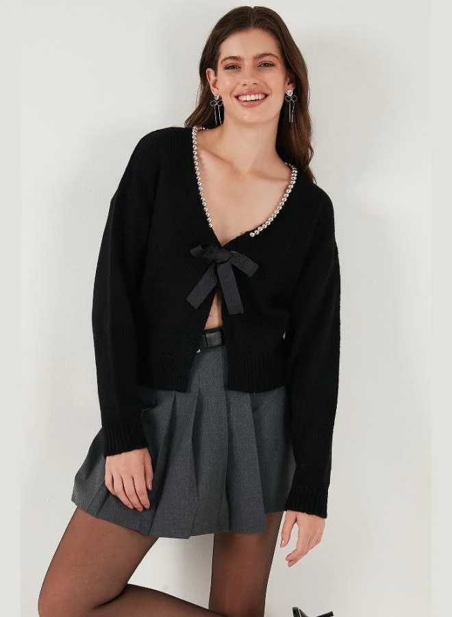 Lela Lela Premium Beaded and Bow Detailed Regular Fit V-Neck Knitwear Women's Cardigan 680HI00180