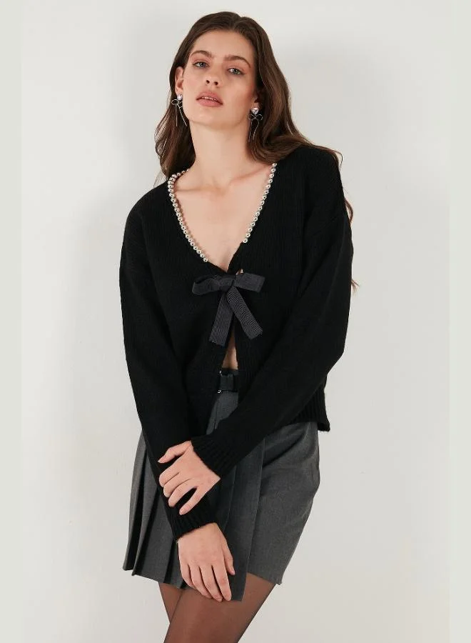 Lela Lela Premium Beaded and Bow Detailed Regular Fit V-Neck Knitwear Women's Cardigan 680HI00180