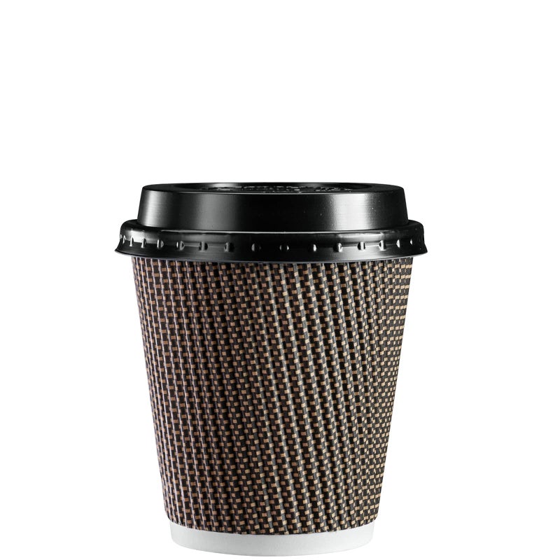 Comfy Package [50 Sets - 10 oz.] Insulated Brown Patterned Ripple Paper Hot Coffee Cups With Lids (Lids Color May Vary)