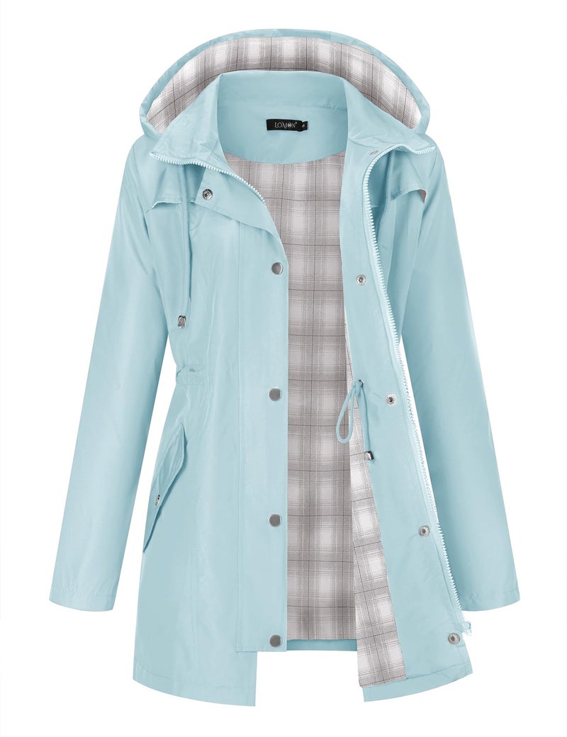 LOMON Women Waterproof Outdoor Hiking Raincoat Women Lined Rain Jacket Lightweight Hooded Jackets Trench Coats Light Blue XL(Big Plaid Lining) - Image 1
