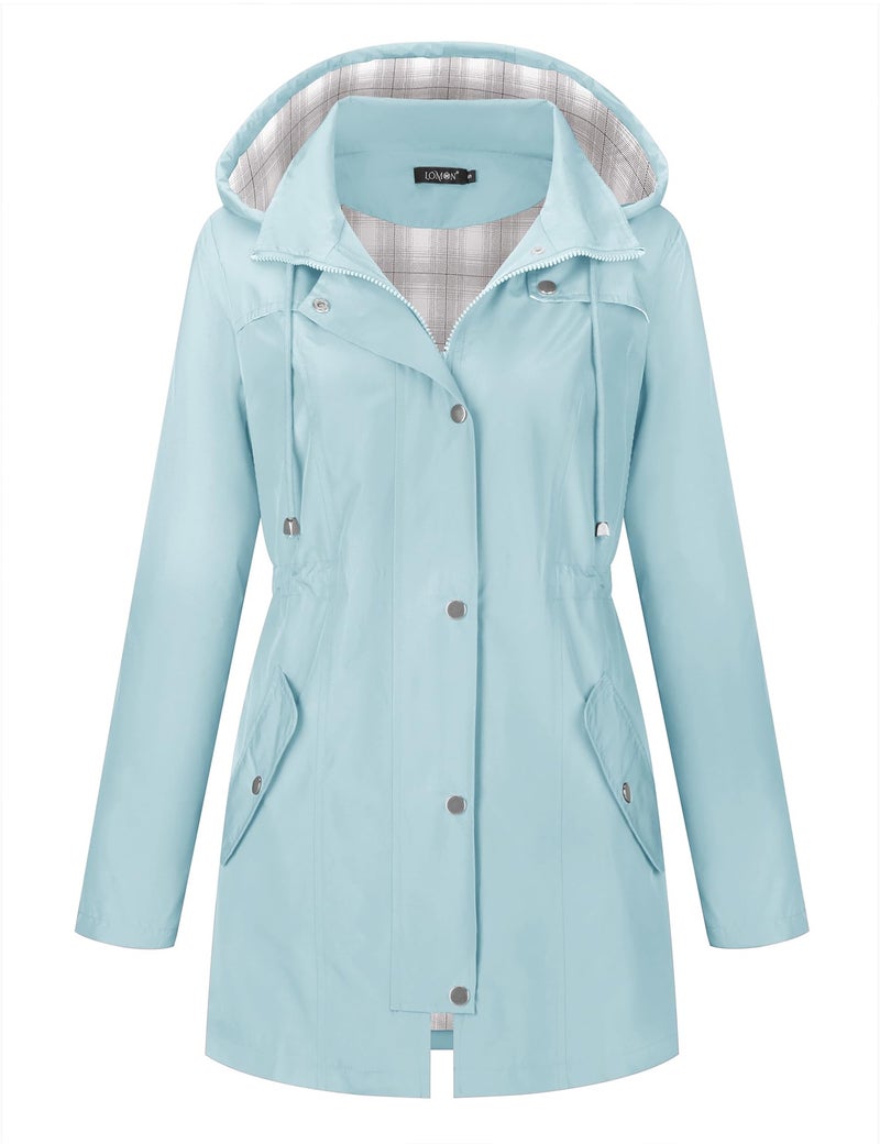 LOMON Women Waterproof Outdoor Hiking Raincoat Women Lined Rain Jacket Lightweight Hooded Jackets Trench Coats Light Blue XL(Big Plaid Lining) - Image 4