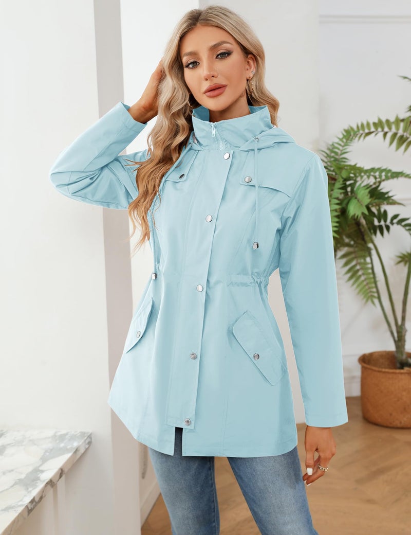 LOMON Women Waterproof Outdoor Hiking Raincoat Women Lined Rain Jacket Lightweight Hooded Jackets Trench Coats Light Blue XL(Big Plaid Lining) - Image 2