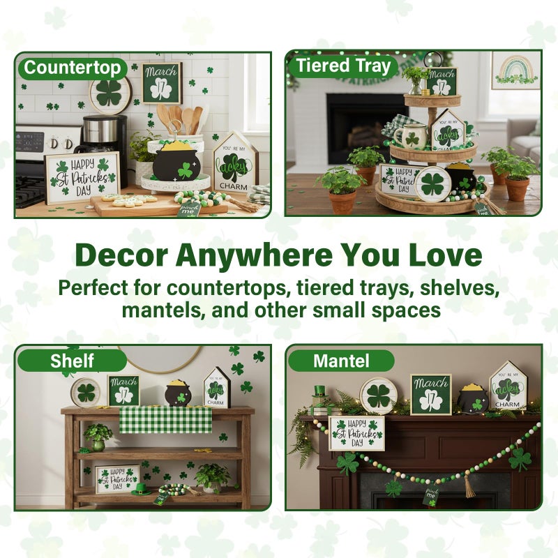 TNDCKP St. Patrick's Day Tiered Tray Decor Set, 0.71 in Extra Thick Freestanding Shamrock Wood Signs with Bead Garland, Lucky Farmhouse Decor for Shelf, Mantel, Countertop - Image 5
