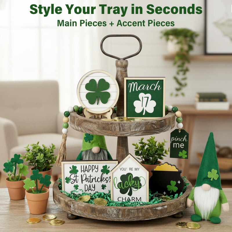 TNDCKP St. Patrick's Day Tiered Tray Decor Set, 0.71 in Extra Thick Freestanding Shamrock Wood Signs with Bead Garland, Lucky Farmhouse Decor for Shelf, Mantel, Countertop - Image 4