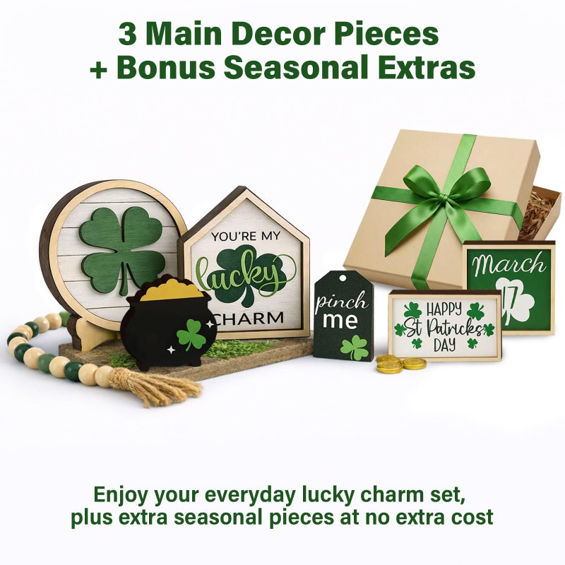 TNDCKP St. Patrick's Day Tiered Tray Decor Set, 0.71 in Extra Thick Freestanding Shamrock Wood Signs with Bead Garland, Lucky Farmhouse Decor for Shelf, Mantel, Countertop - Image 2