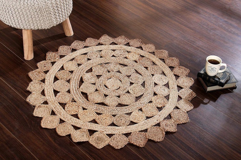 SASHAA WORLD Indoor Round Rugs Indian Unique Handmade Braided Jute Carpet Home Decor Bohemian Floor Decor Cotton Mat for Home Living Room Hallway Bedroom100cm - Image 1