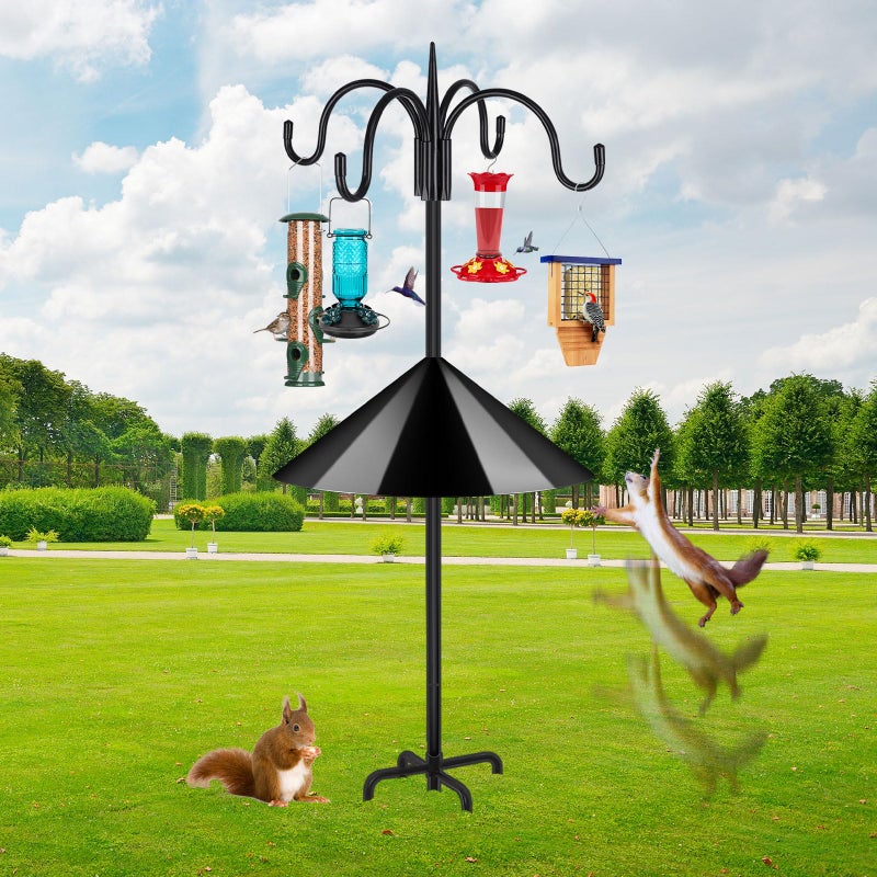 FEED GARDEN 4-Hook Squirrel-Proof Bird Feeder Pole - 92" Heavy-Duty Shepherd's Hook with 5-Prong Base & 19" Baffle for Multiple Feeders & Plants - Image 1