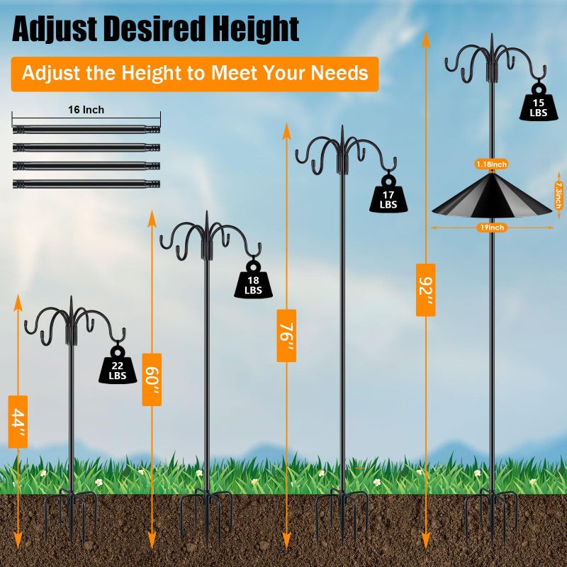 FEED GARDEN 4-Hook Squirrel-Proof Bird Feeder Pole - 92" Heavy-Duty Shepherd's Hook with 5-Prong Base & 19" Baffle for Multiple Feeders & Plants - Image 3