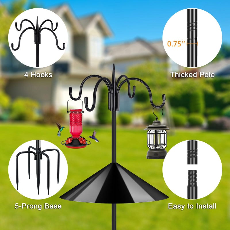 FEED GARDEN 4-Hook Squirrel-Proof Bird Feeder Pole - 92" Heavy-Duty Shepherd's Hook with 5-Prong Base & 19" Baffle for Multiple Feeders & Plants - Image 2