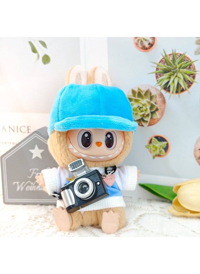 The Second Generation Labubu Plush Vinyl Blind Box Pendant Baby Clothes Replacement Sweater Duck Tongue Hat-Specifications:The First Generation And Second Generation Bull Cloth Pendant Baby Clothes (excluding Baby)-Color:Cloud Blue Sweatshirt + Blue Peaked Cap + Decorative Black Camera (excluding Baby)  - Image 1