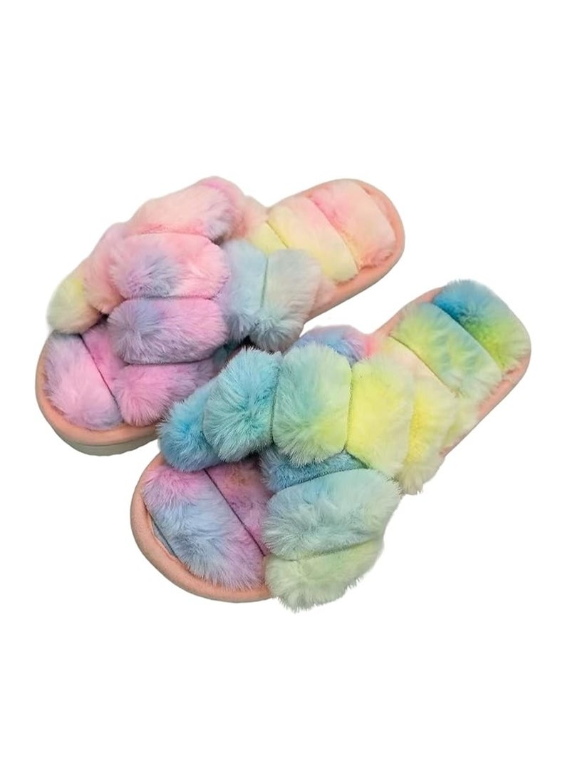 UKR UKR Women’s Home Slippers Soft Breathable Furry Open-Toe Cozy Indoor Footwear Stylish Fluffy EVA Sole (Rainbow, EU Footwear Size System, Adult, Women, Numeric Range, Medium, 36, 37) - Image 1