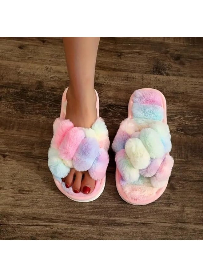 UKR UKR Women’s Home Slippers Soft Breathable Furry Open-Toe Cozy Indoor Footwear Stylish Fluffy EVA Sole (Rainbow, EU Footwear Size System, Adult, Women, Numeric Range, Medium, 36, 37) - Image 4