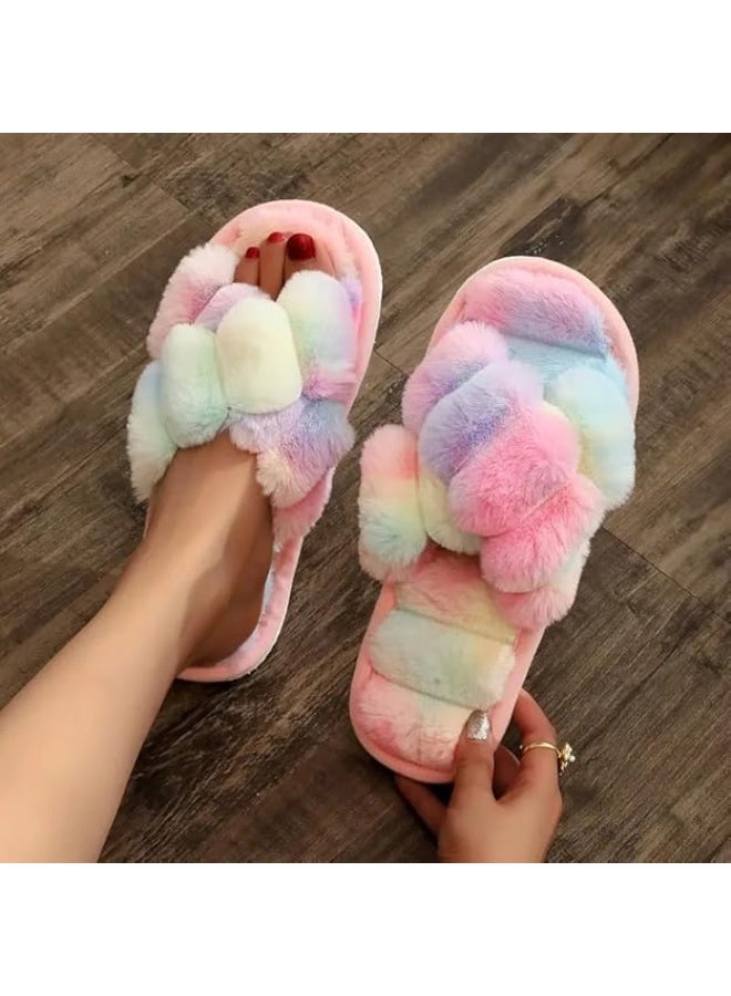 UKR UKR Women’s Home Slippers Soft Breathable Furry Open-Toe Cozy Indoor Footwear Stylish Fluffy EVA Sole (Rainbow, EU Footwear Size System, Adult, Women, Numeric Range, Medium, 36, 37) - Image 3